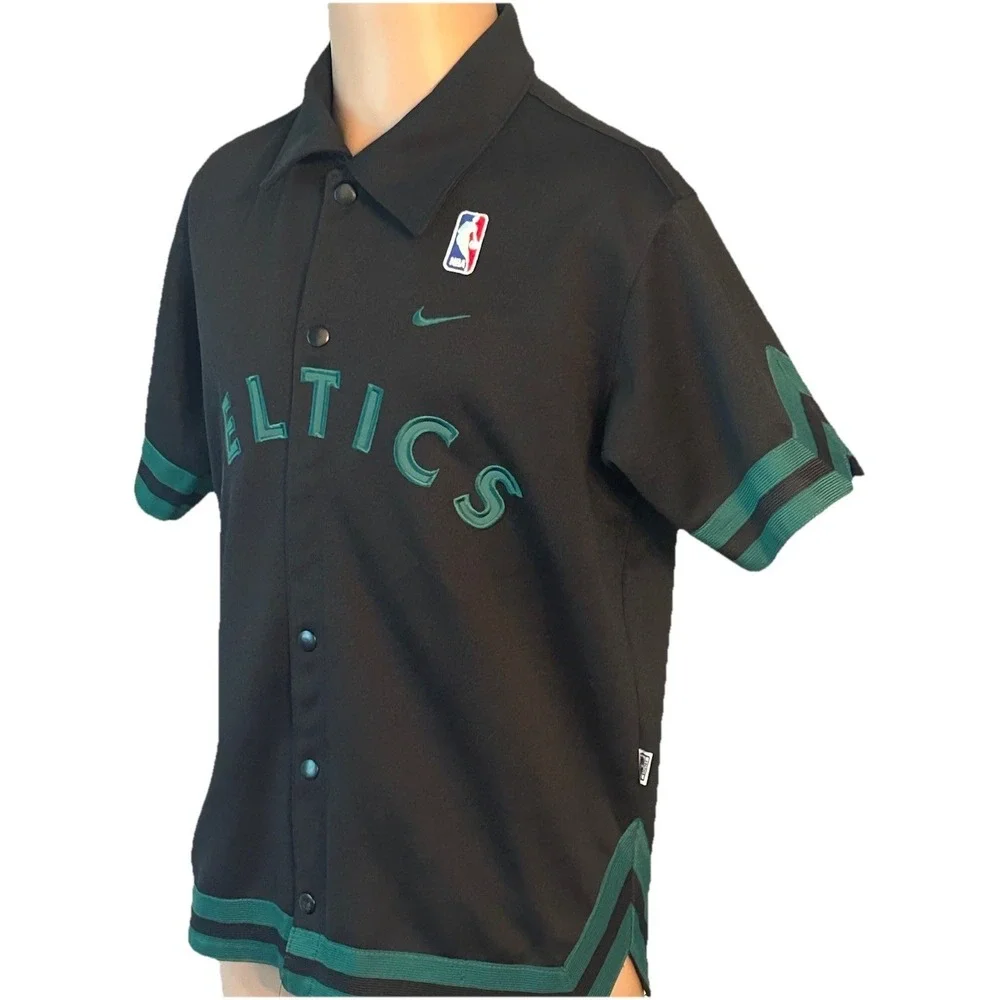Boston Celtics Nike Warm Up Jersey Men's Medium Snap Shirt Black Green NBA